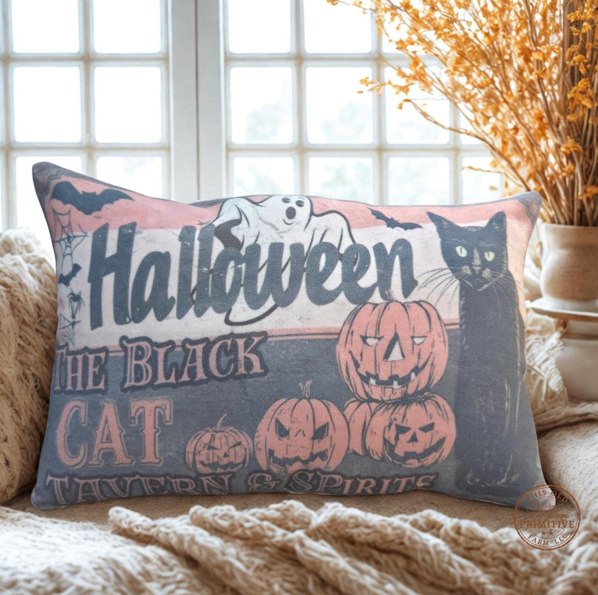 Vintage Black Cat Halloween Pillow | Primitive Farmhouse Rustic Shelf Sitter