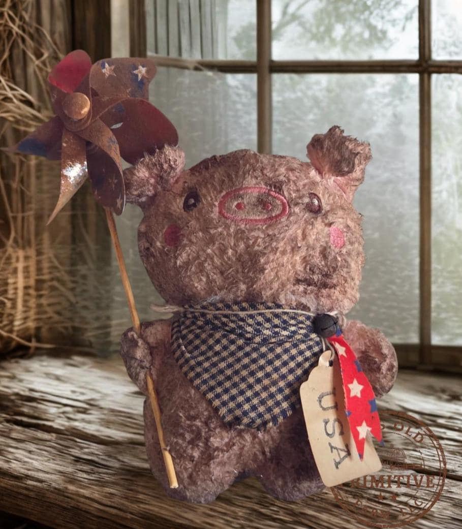 Primitive Farmhouse Pig Shelf Sitter | Patriotic 4th of July Parade Decor