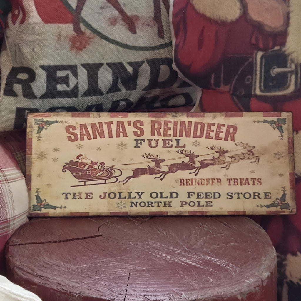 Handmade Santa's Reindeer Fuel Wood Sign | Rustic Farmhouse Christmas Decor (13x5")