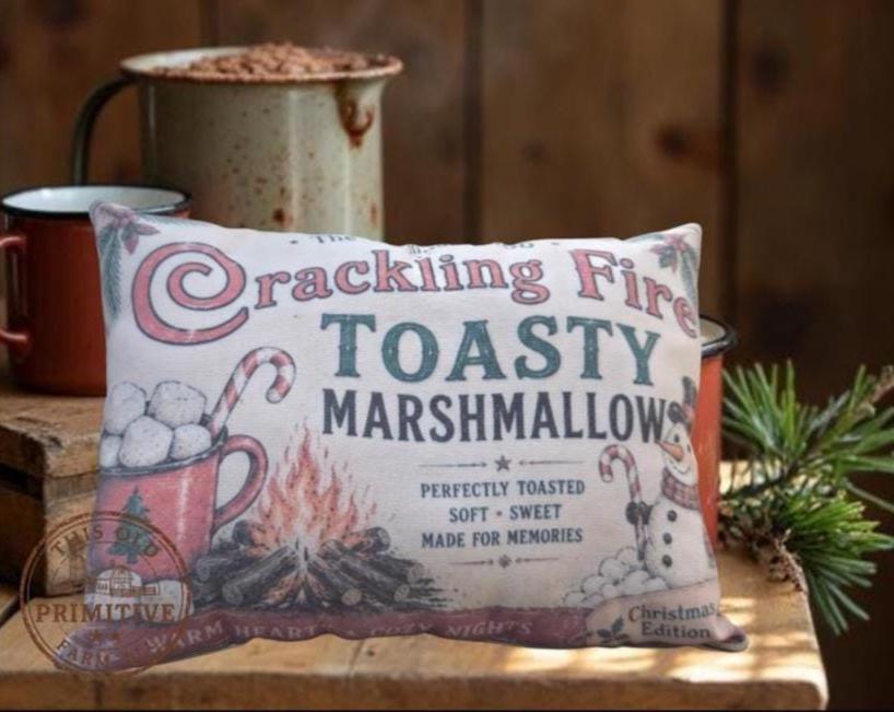 Crackling Fire Toasty Marshmallows Pillow | Vintage Christmas Farmhouse Accent (12x9 inches)