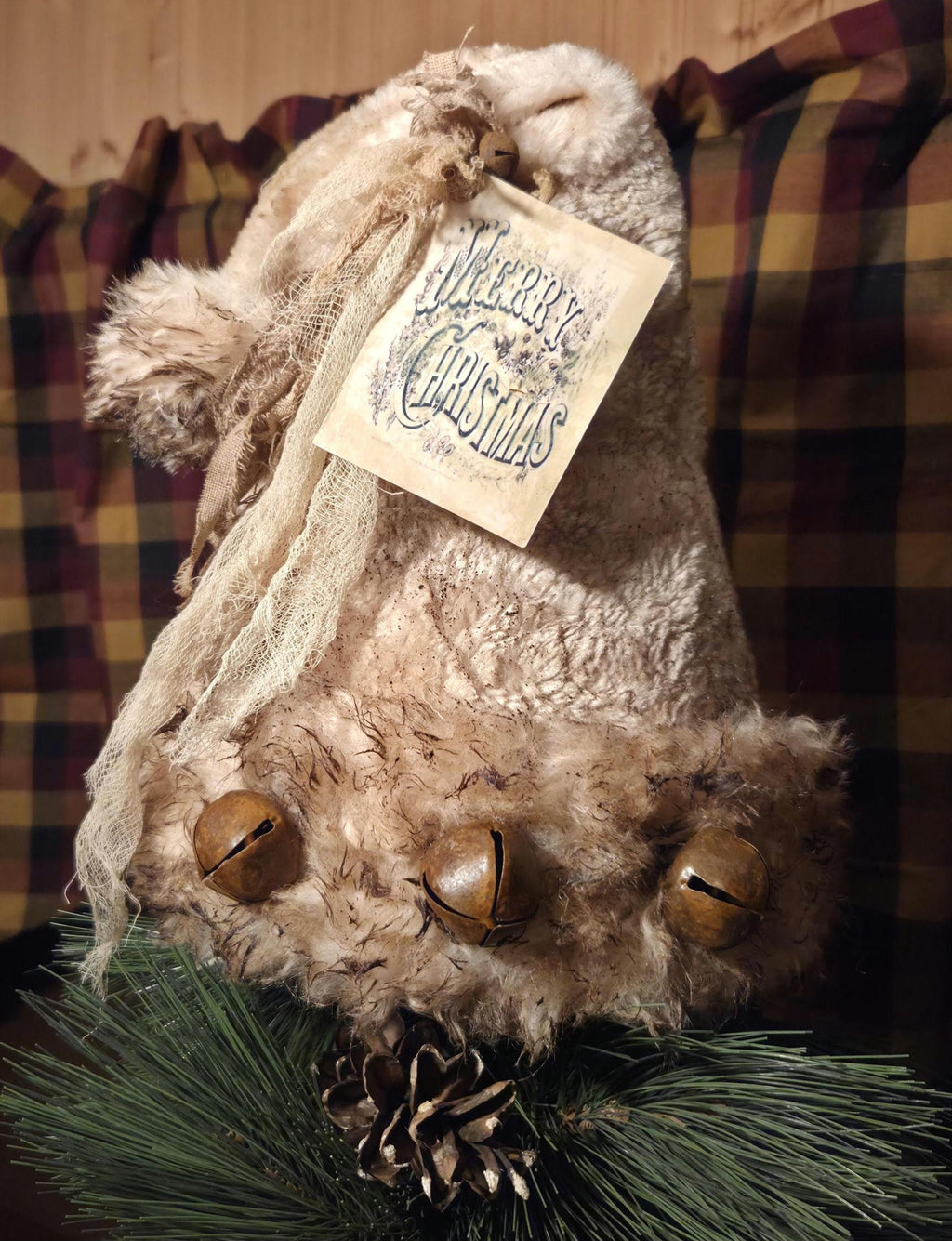 Premium Limited Edition Primitive Rustic Santa Hat Tree Topper | Handcrafted Cream Plush with Rusty Jingle Bells