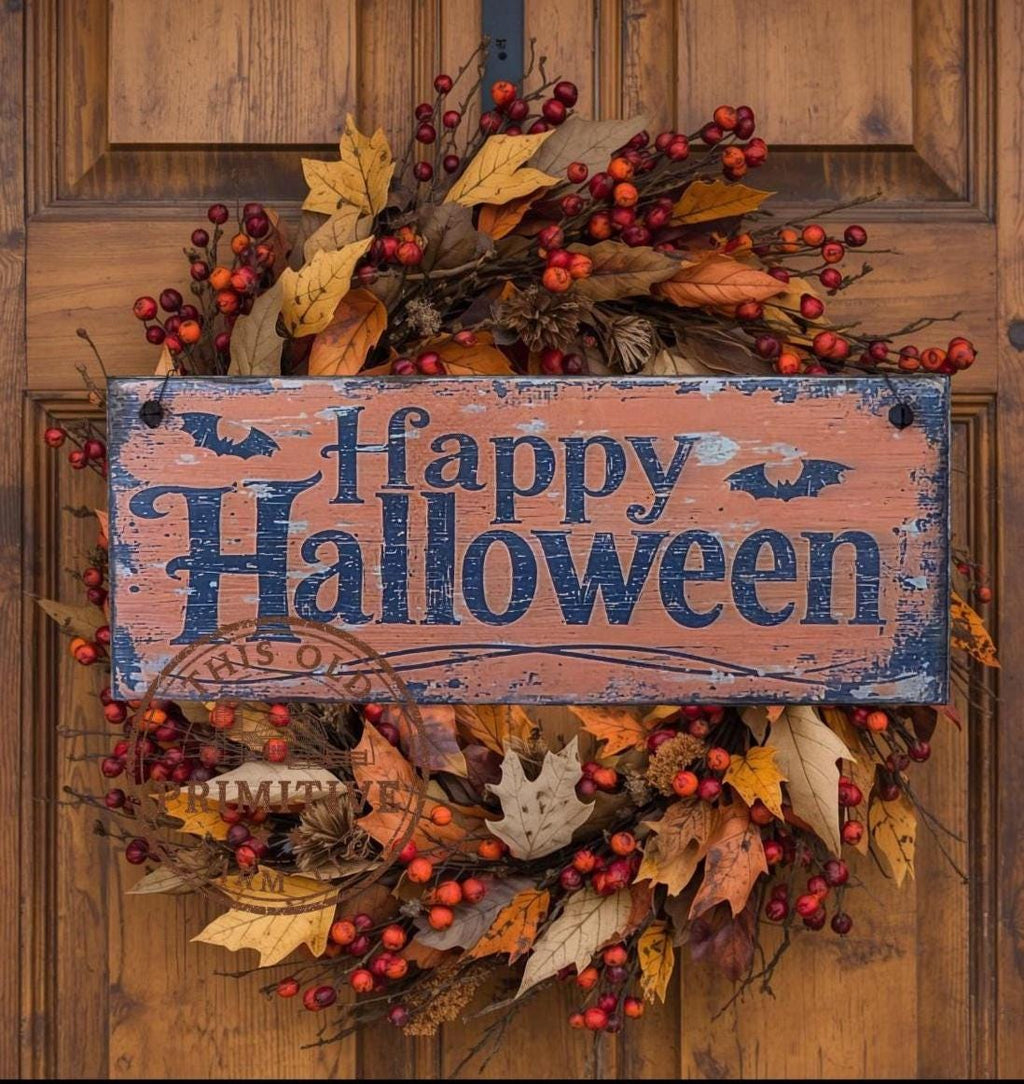 Primitive Happy Halloween Wood Sign | Rustic Farmhouse Folk Art Decor (13" x 5")
