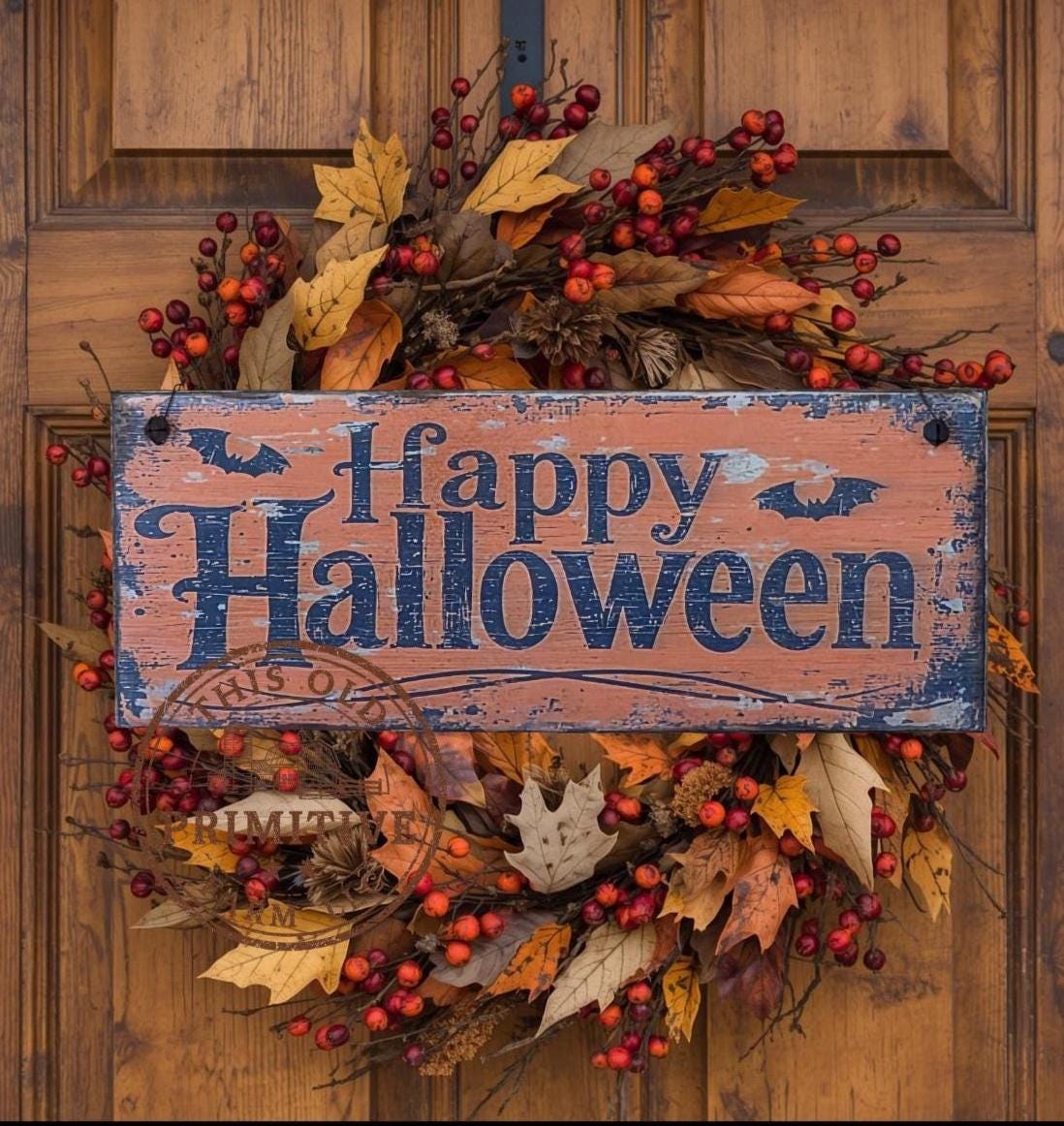 Primitive Happy Halloween Wood Sign | Rustic Farmhouse Folk Art Decor (13" x 5")
