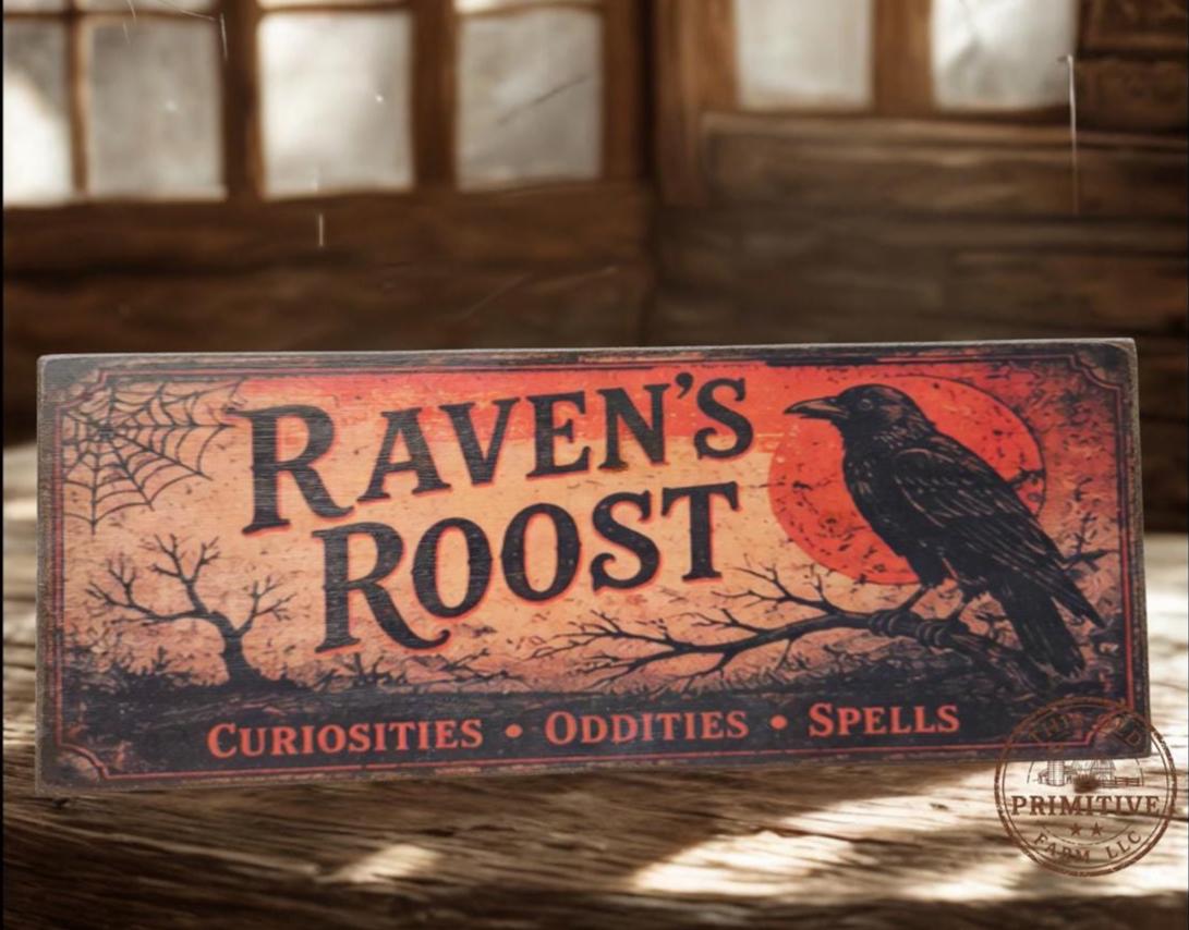 Primitive Ravens Roost Halloween Wood Sign | Rustic Folk Art Wall Decor (13 x 5)