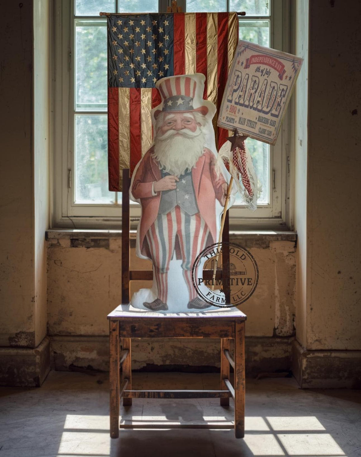 Primitive Uncle Sam Doll | Patriotic Americana Folk Art Shelf Sitter, July 4th Decor