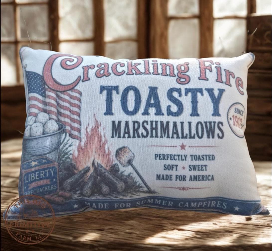 Crackling Fire Toasty Marshmallows Pillow | Vintage Americana Shelf Sitter