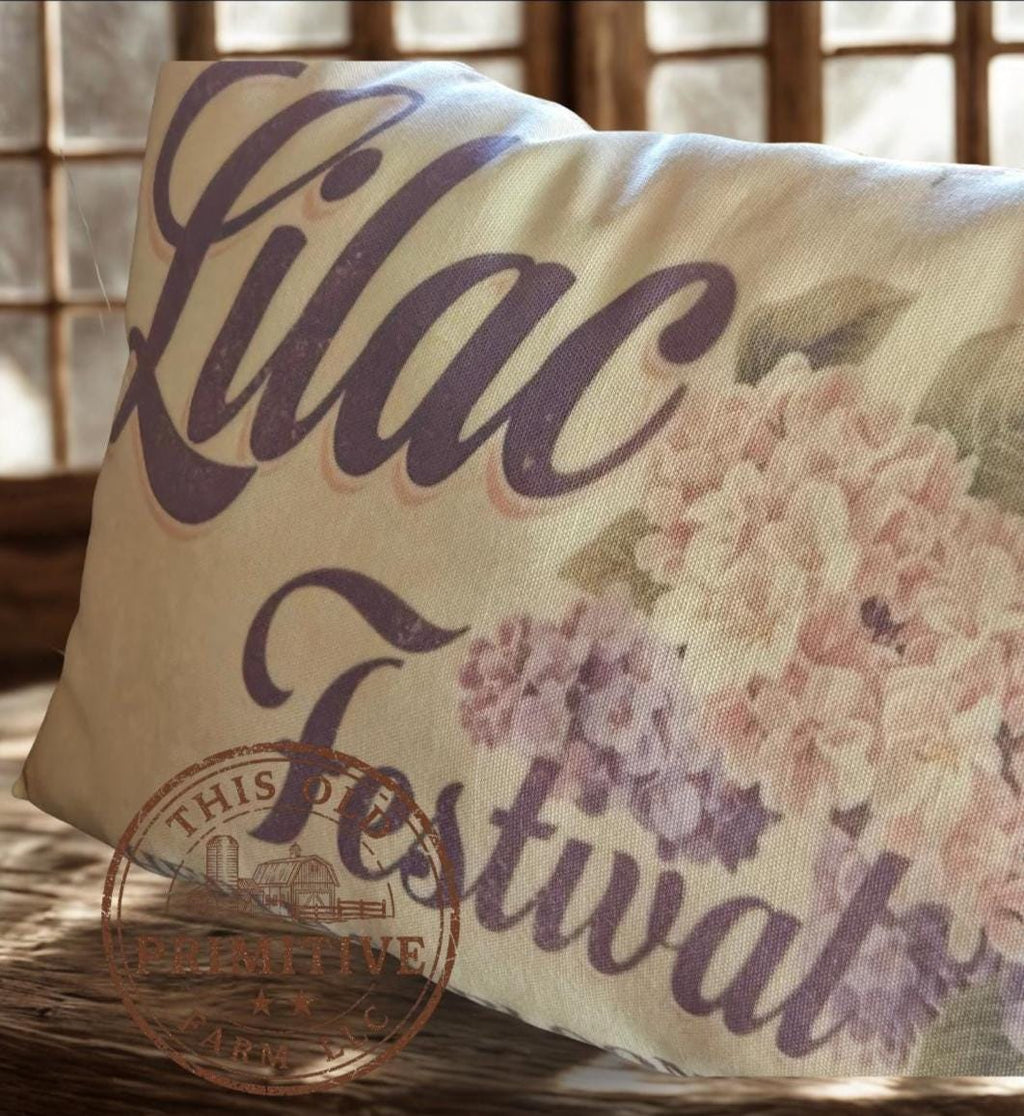 Lilac Festival Pillow | Primitive Feedsack Style Farmhouse Decor (12x17)