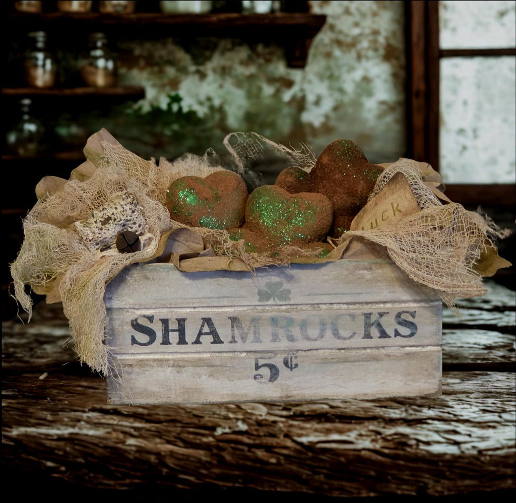 Primitive Shamrocks Crate Decor | Hand-Painted Rustic St. Patrick's Day Display