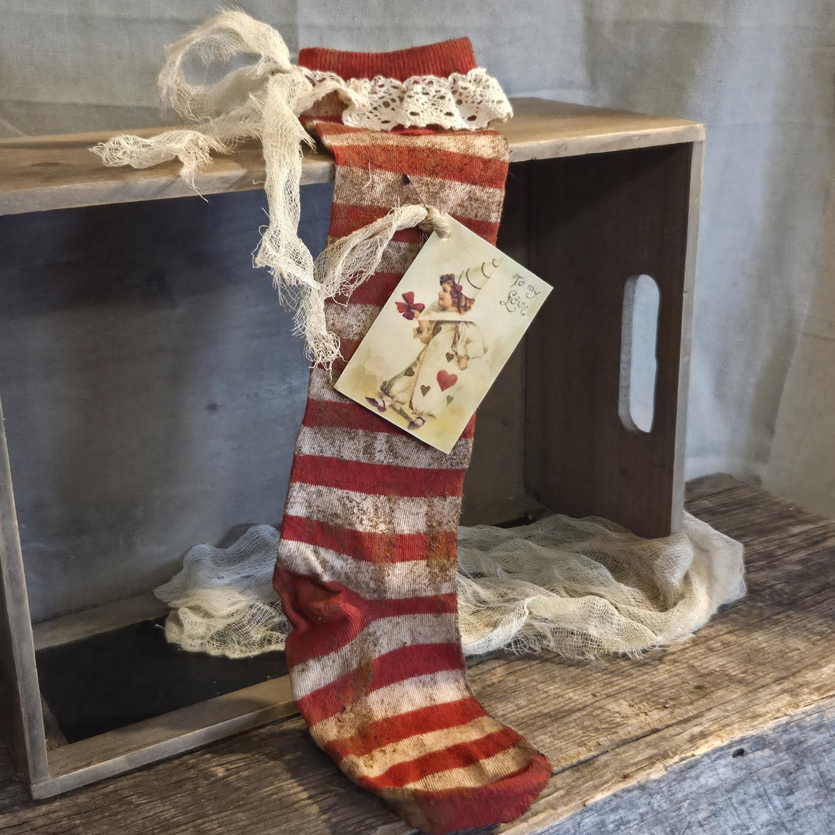 Primitive Valentine Stocking | Cinnamon Grunged Red Stripe Sock | One of a Kind Rustic Valentine Decor