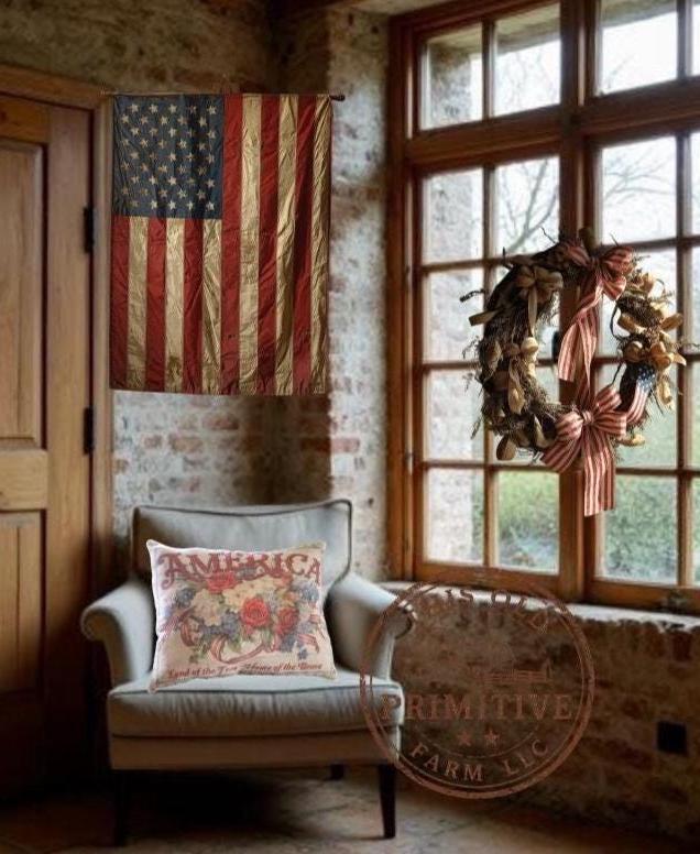 Primitive America Floral Pillow | Patriotic Farmhouse Decor, Folk Art Accent