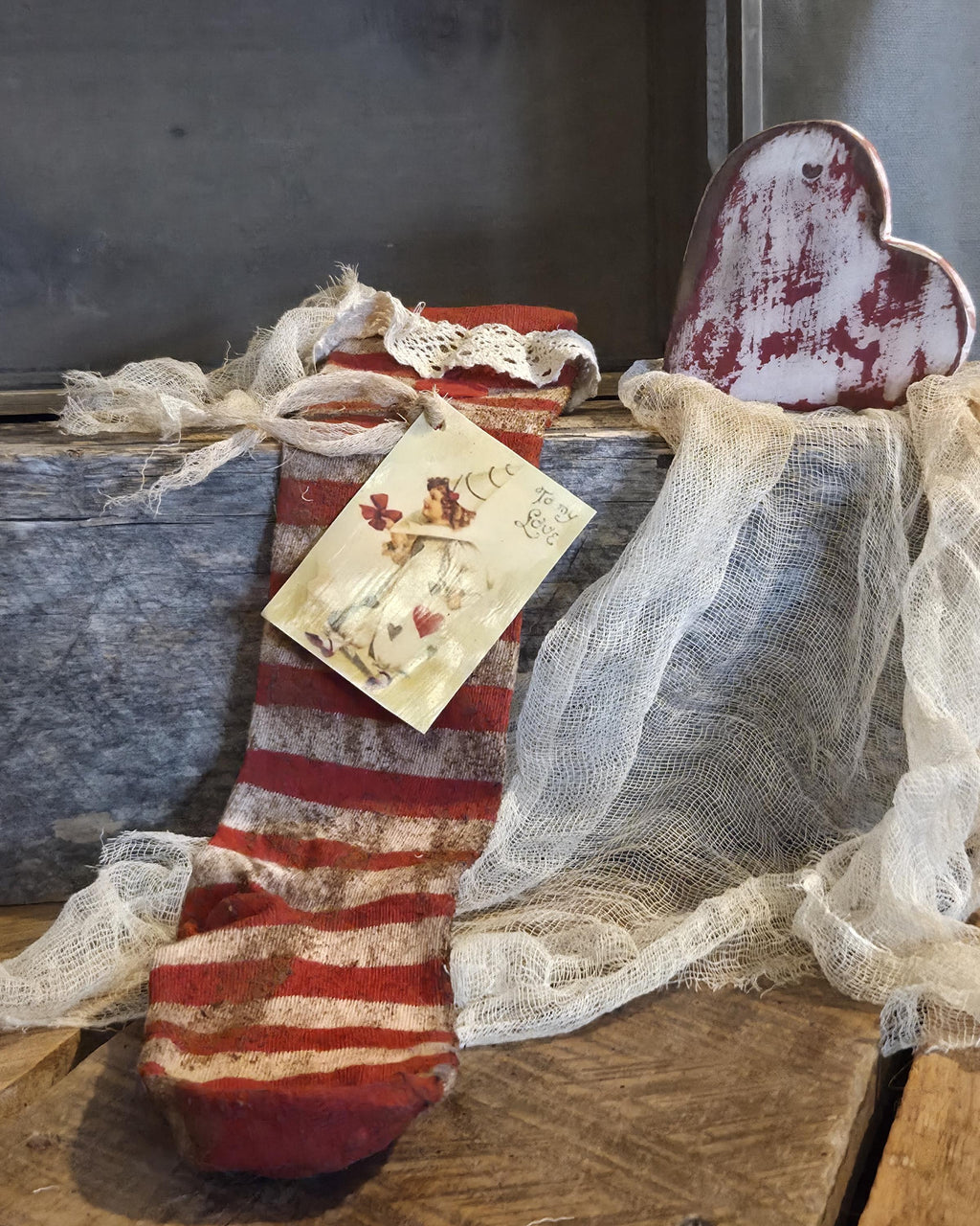 Primitive Valentine Stocking | Cinnamon Grunged Red Stripe Sock | One of a Kind Rustic Valentine Decor