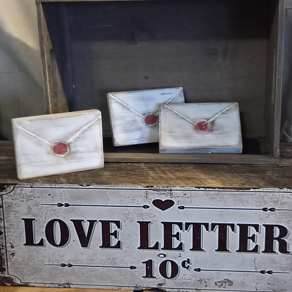 Primitive Valentine Wood Envelope Set | Hand Cut & Carved Love Letters with Faux Red Wax Seal Decor