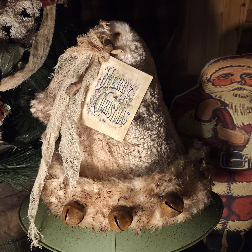 Premium Limited Edition Primitive Rustic Santa Hat Tree Topper | Handcrafted Cream Plush with Rusty Jingle Bells