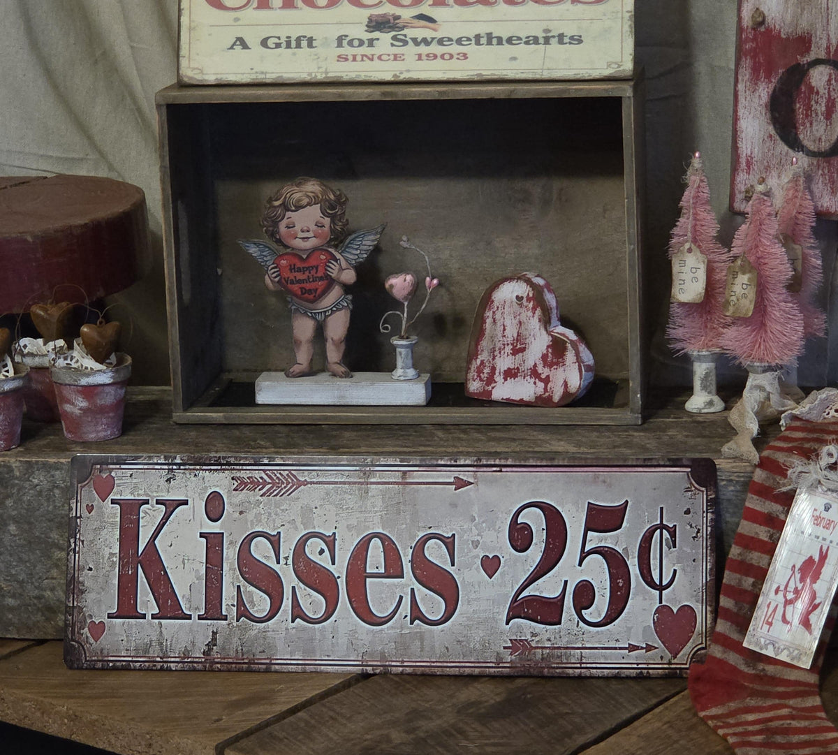 Primitive Valentine Metal Sign – Kisses 25 Cents, Vintage Love Decor