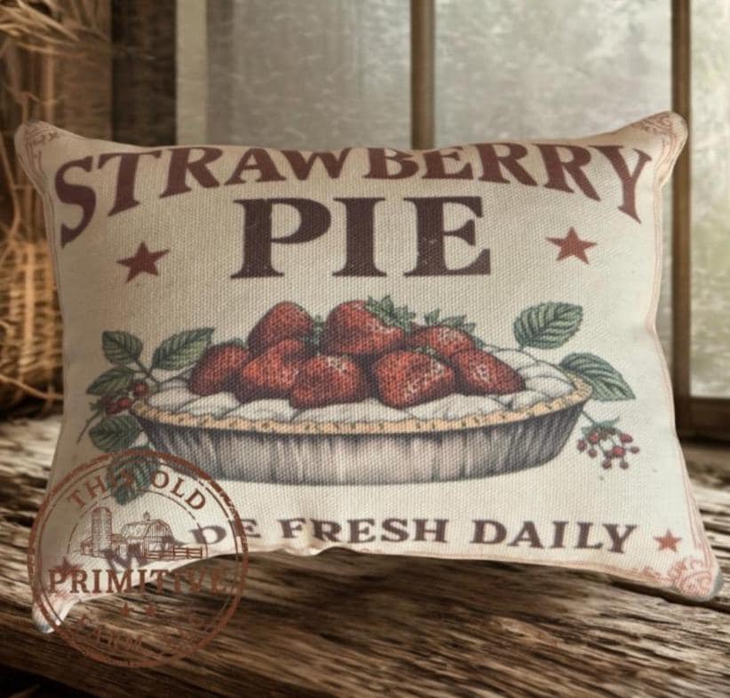 Primitive Strawberry Pie Pillow or Faux Pie | Americana Farmhouse Decor | Rustic Kitchen Decor | Baked Fresh Daily | Primitive Shelf Decor