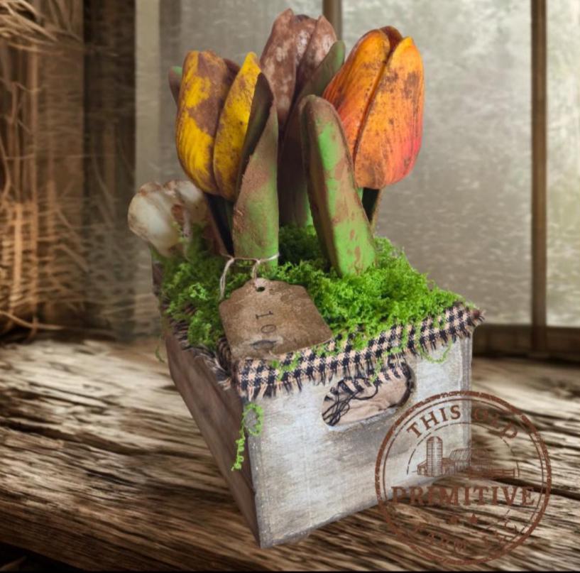 Spring Market Tulip Crate – Mini Primitive Mercantile Shelf Display – Farmhouse Easter Decor