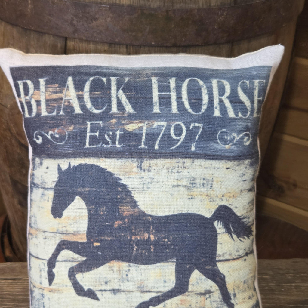 Primitive Black Horse Inn Pillow | Folk Art Farmhouse Horse Decor