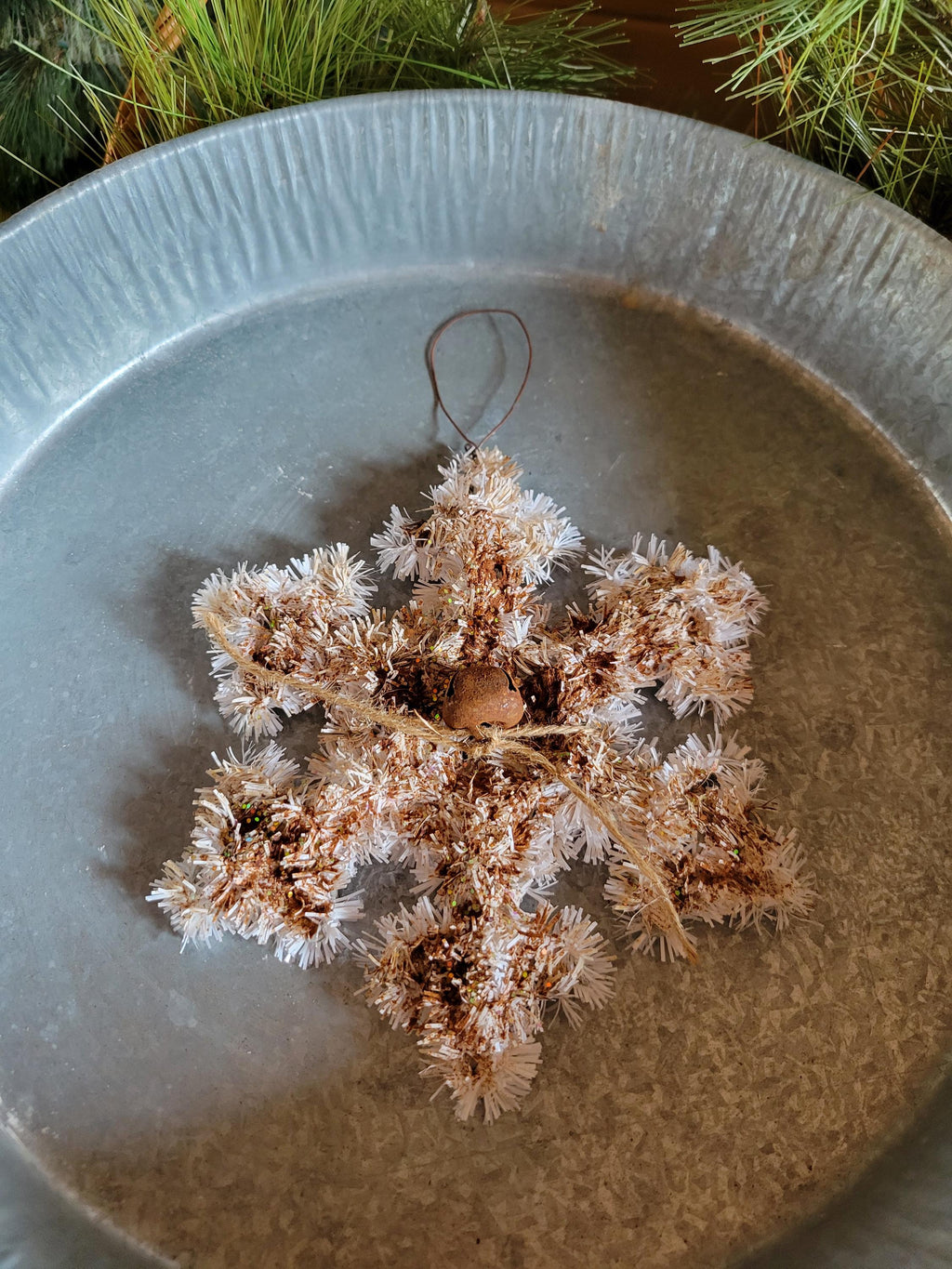 Vintage Inspired Tinsel Snowflake Ornie, Rusty Jingle Bell, Christmas Bowl Filler. Set of 3