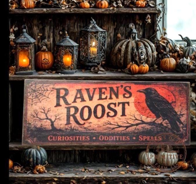 Primitive Ravens Roost Halloween Wood Sign | Rustic Folk Art Wall Decor (13 x 5)