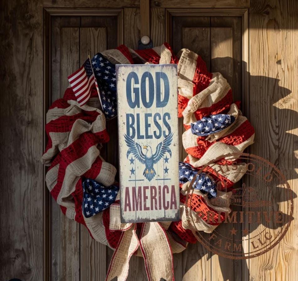 Primitive God Bless America Eagle Sign – Rustic Farmhouse Americana Decor – Folk Art Patriotic Sign