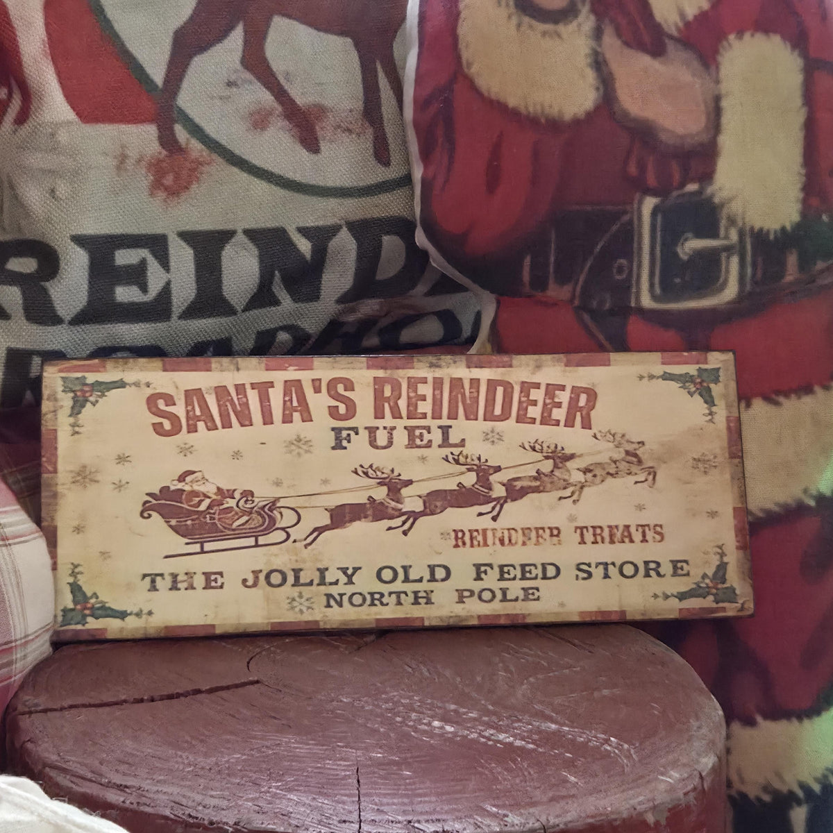 Handmade Santa's Reindeer Fuel Wood Sign | Rustic Farmhouse Christmas Decor (13x5")