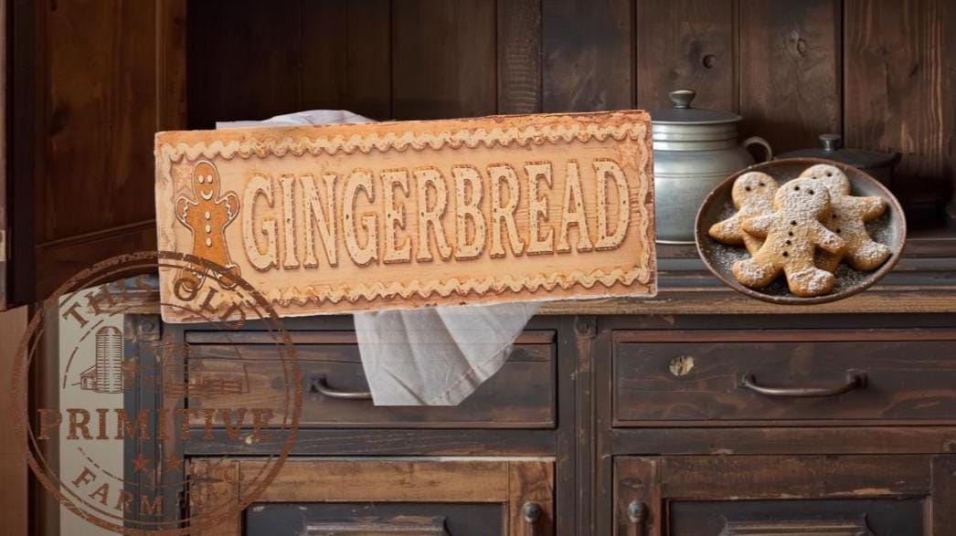 Primitive Gingerbread Wood Sign | Vintage Christmas Kitchen Decor, Farmhouse Baking Wall Art