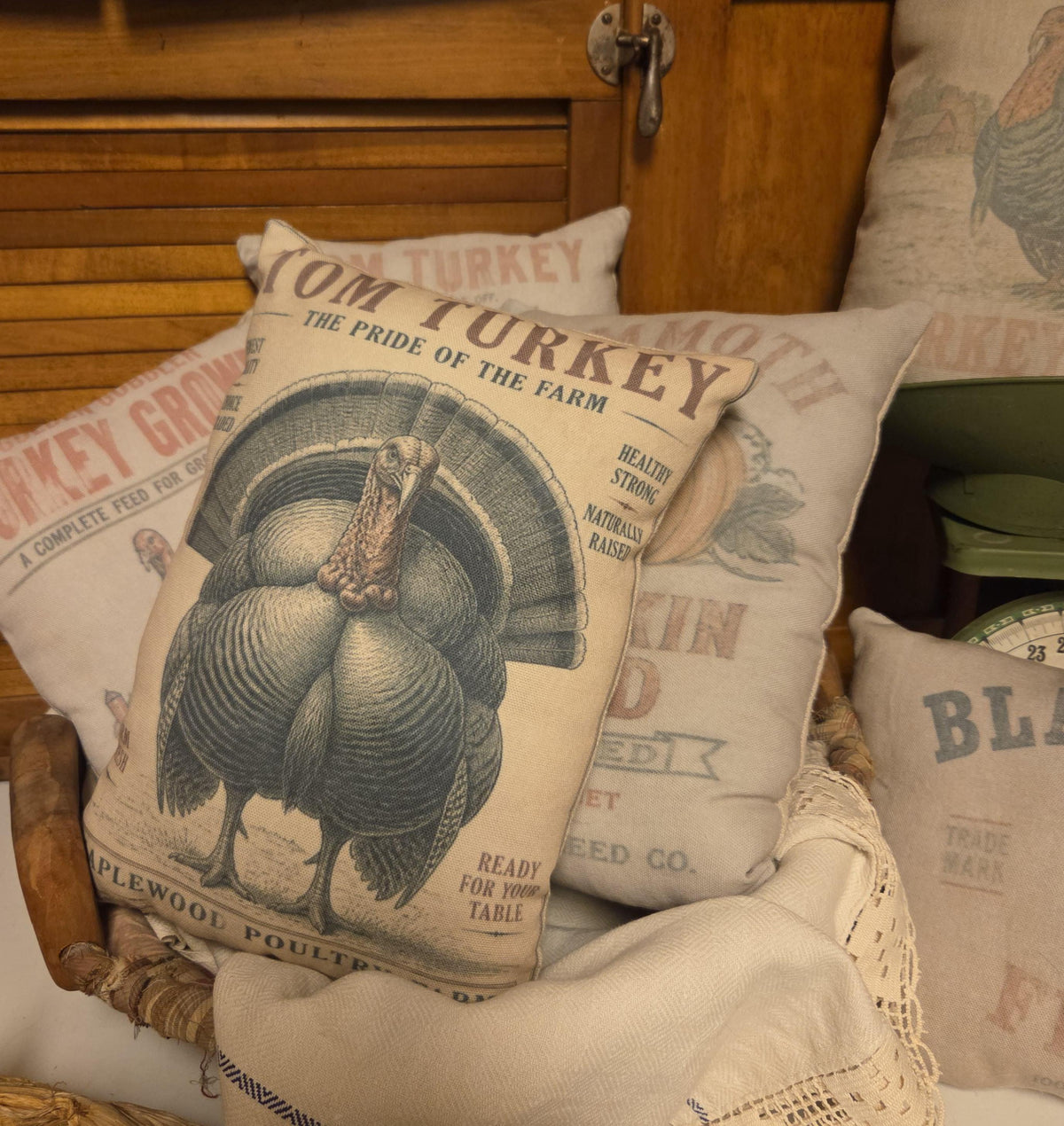 Tom Turkey Pillow, Thanksgiving Feedsack Shelf Sitter, Primitive Farmhouse Fall Decor