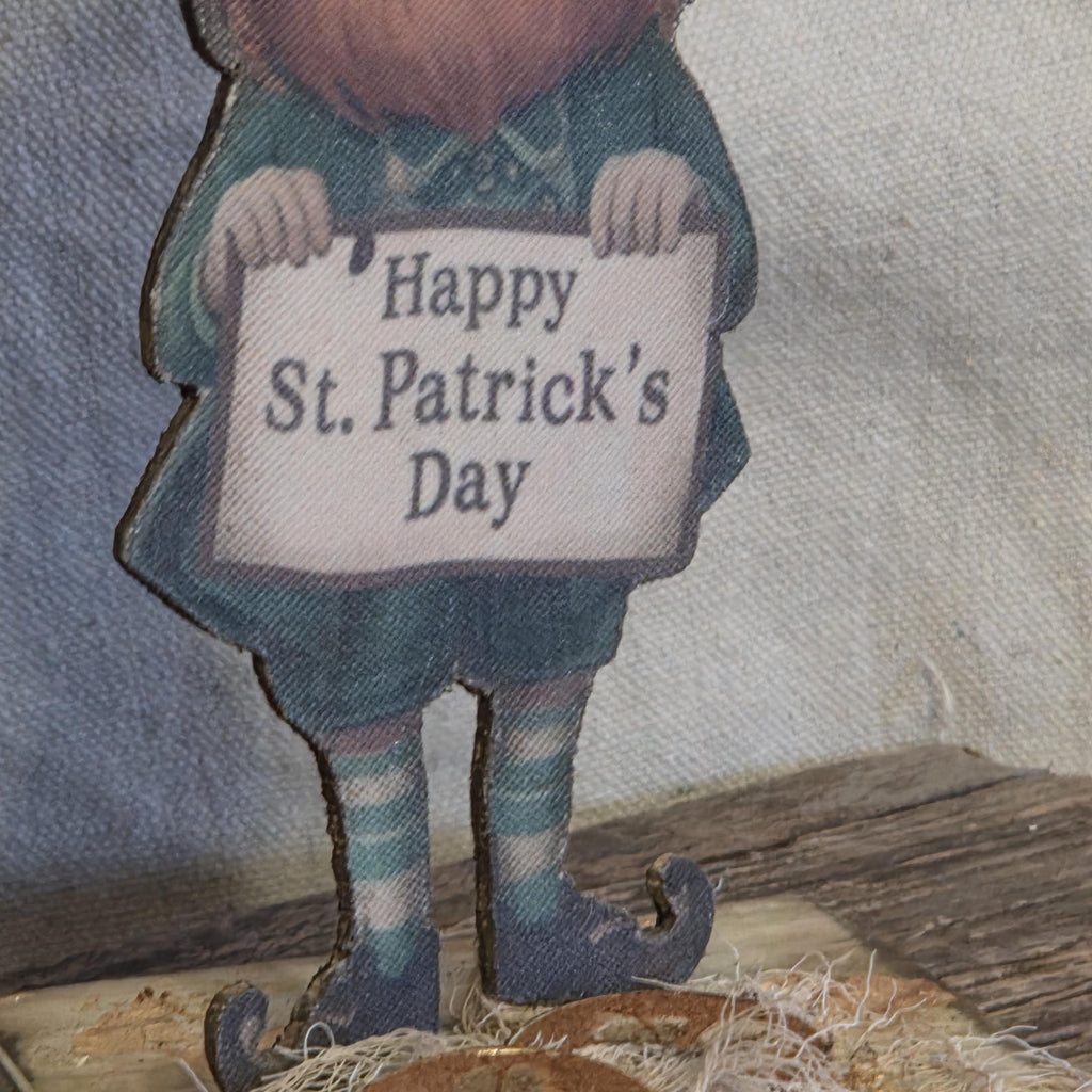Limited Edition Primitive St. Patrick’s Leprechaun Shelf Decor – Handmade Folk Art Accent
