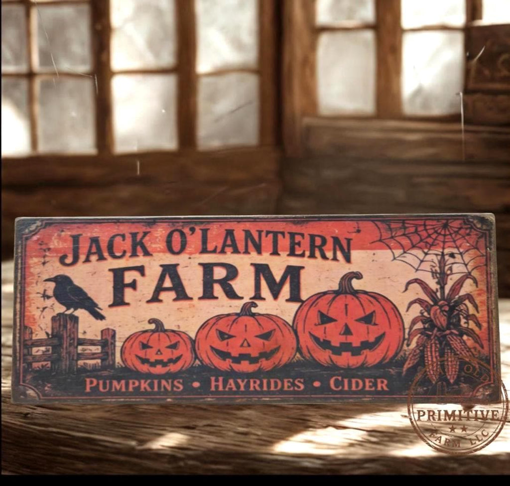 Jack O Lantern Farm Halloween Sign | Rustic Folk Art Wood Decor (13 x 5)