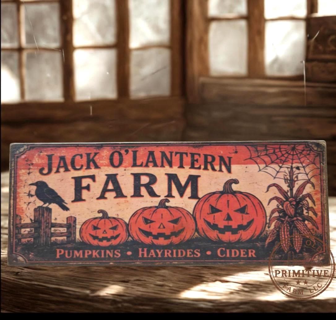 Jack O Lantern Farm Halloween Sign | Rustic Folk Art Wood Decor (13 x 5)