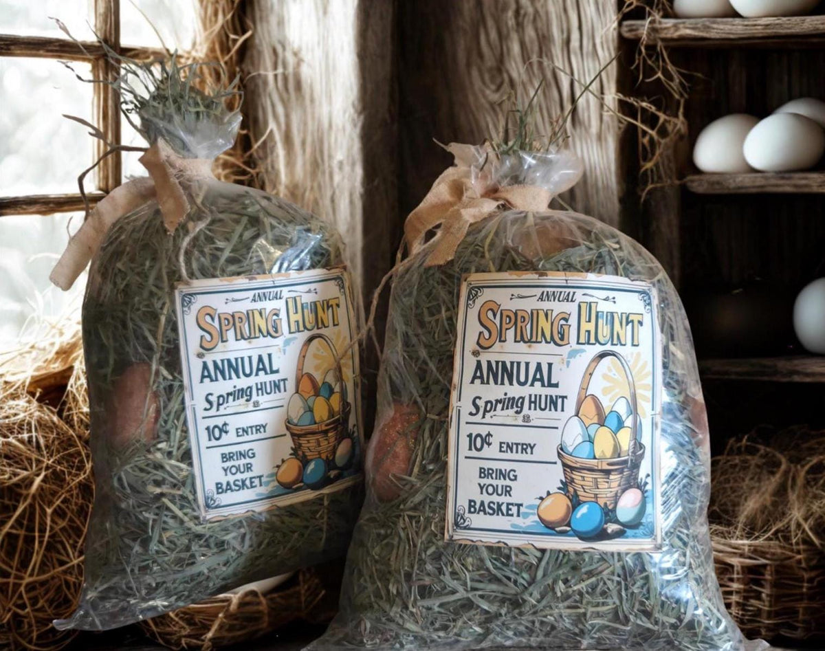 Primitive Easter Meadow Grass Sack – Annual Spring Hunt Basket Filler with Grunged Eggs