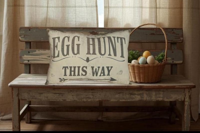 Primitive Easter Egg Hunt Pillow – Farmhouse Spring Decor, Vintage Bunny Accent 12x17