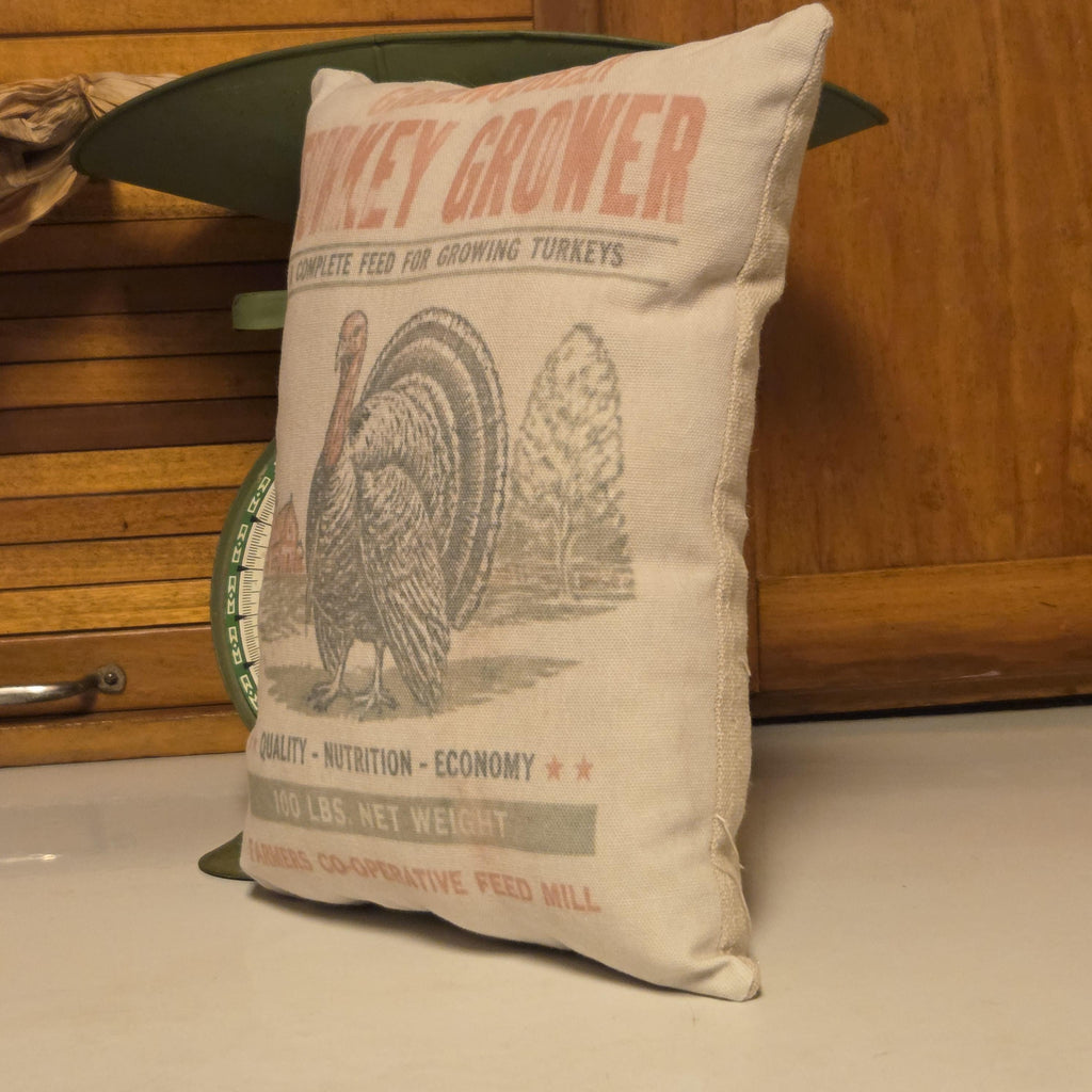 Turkey Grower Pillow, Thanksgiving Feedsack Shelf Sitter, Primitive Farmhouse Fall Decor