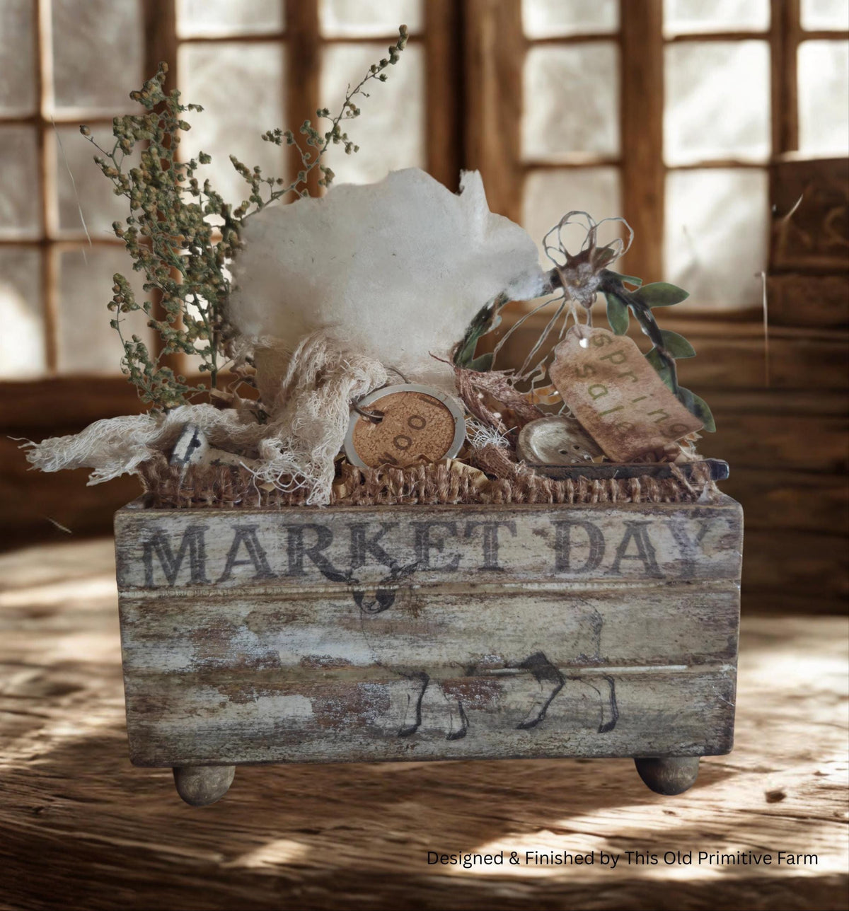Primitive Market Day Mini Crate – Handmade Farmhouse Shelf Decor, Spring Tag