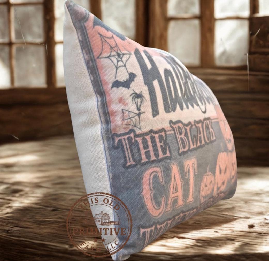 Vintage Black Cat Halloween Pillow | Primitive Farmhouse Rustic Shelf Sitter