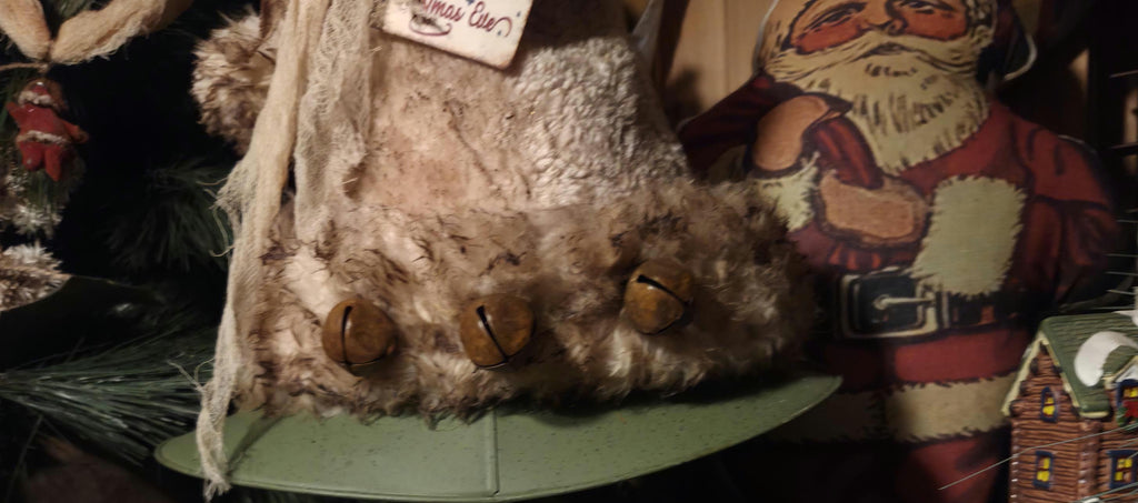 Premium Limited Edition Primitive Rustic Santa Hat Tree Topper | Handcrafted Cream Plush with Rusty Jingle Bells