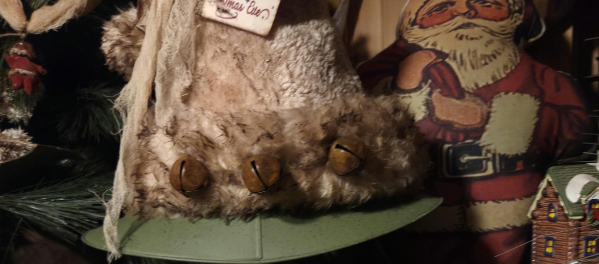 Premium Limited Edition Primitive Rustic Santa Hat Tree Topper | Handcrafted Cream Plush with Rusty Jingle Bells