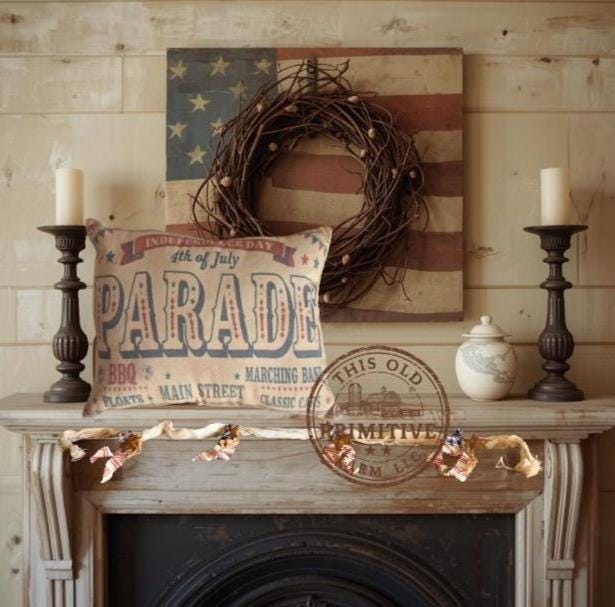Primitive Americana Parade Pillow | Vintage Style 4th of July Decor