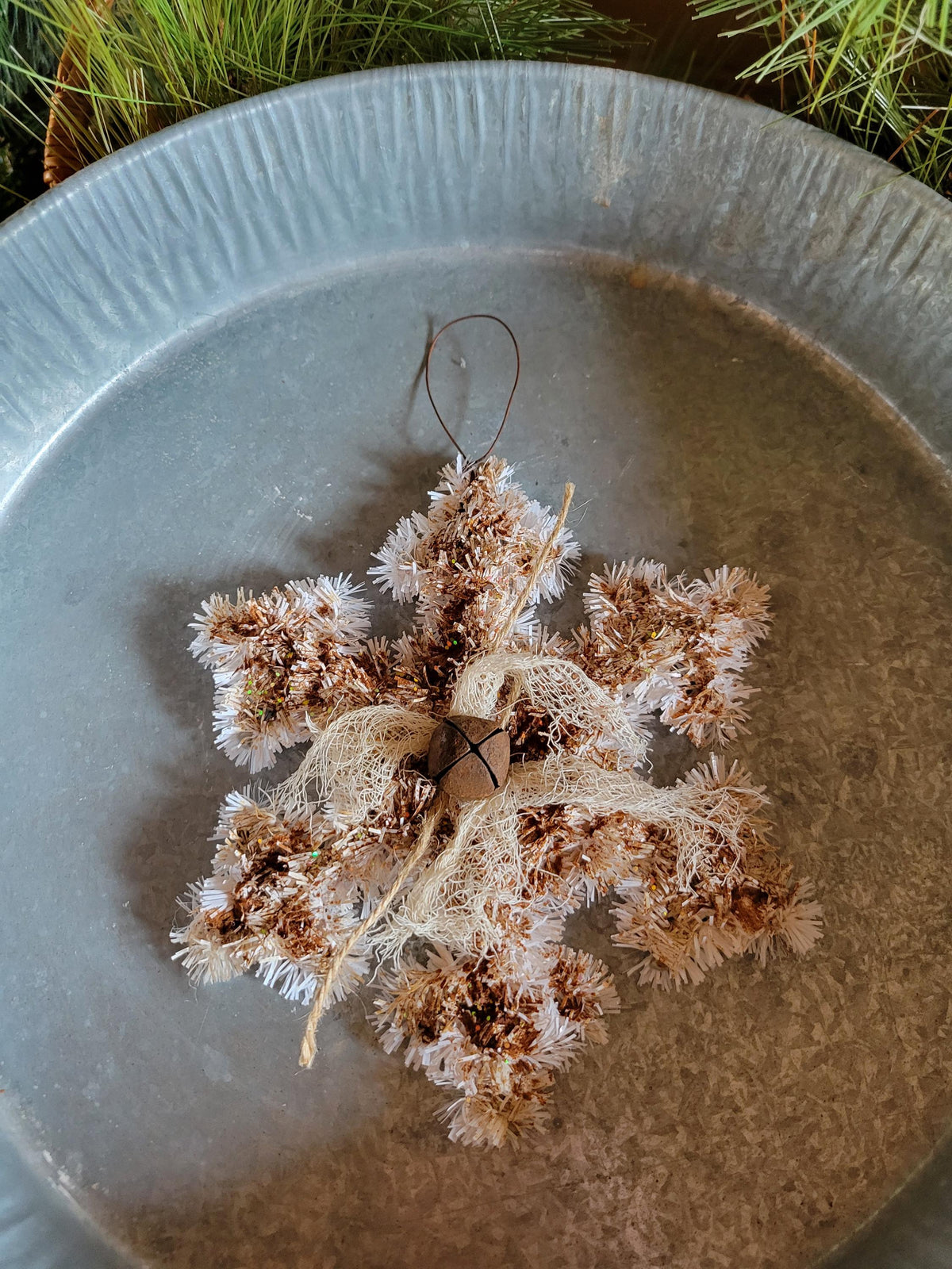 Vintage Inspired Tinsel Snowflake Ornie, Rusty Jingle Bell, Christmas Bowl Filler. Set of 3