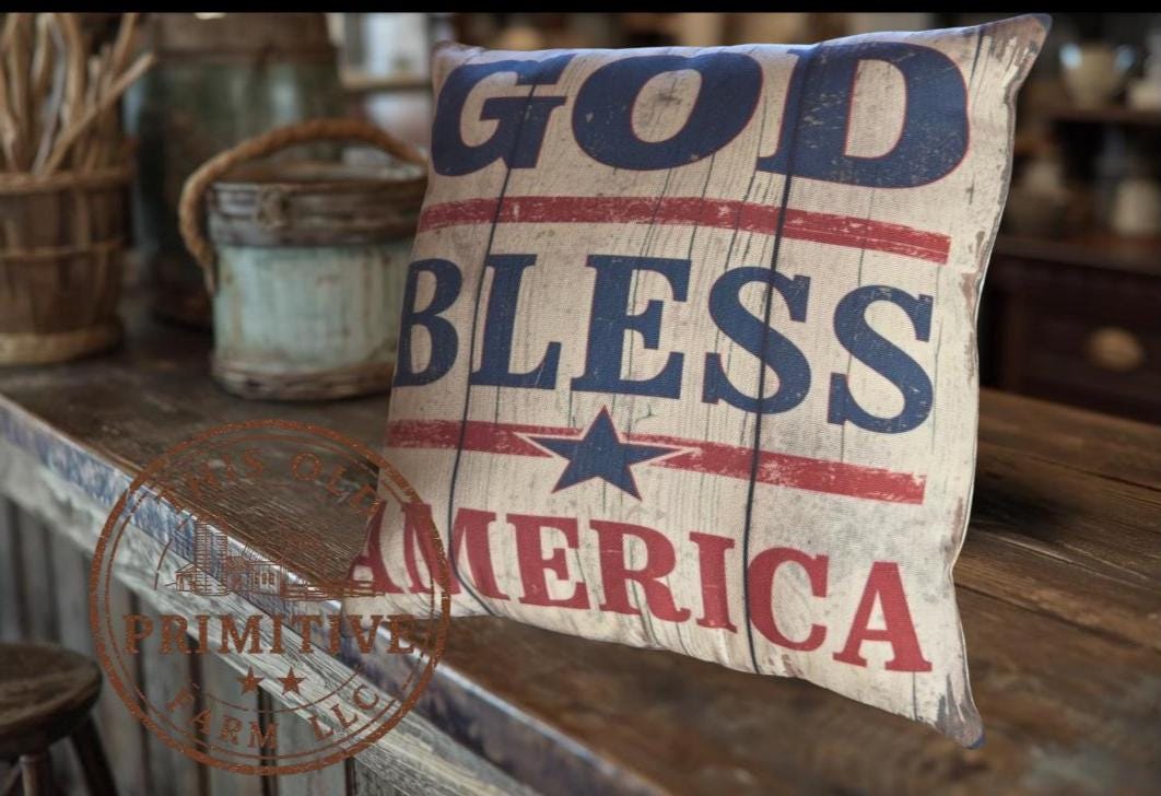 God Bless America Pillow | Primitive Americana Farmhouse Decor (12x12")