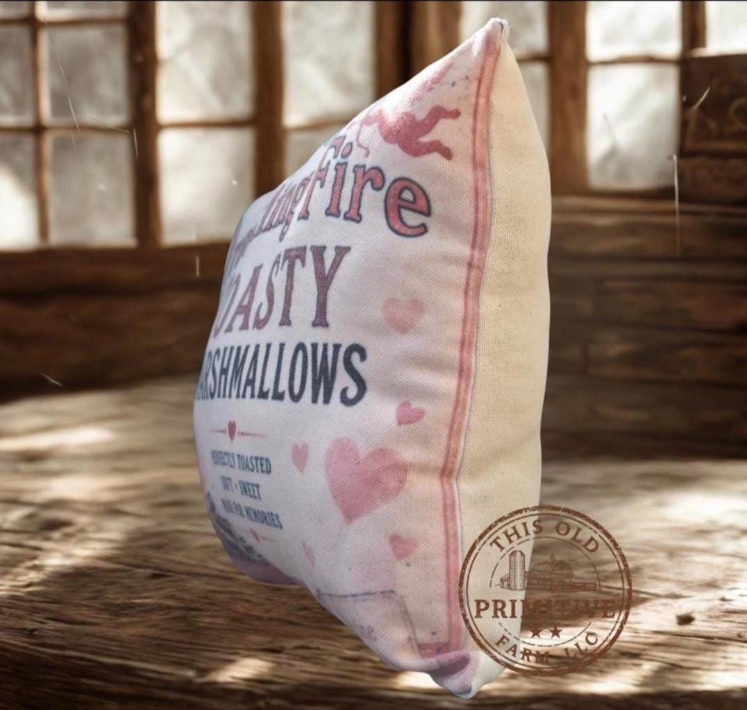 Crackling Fire Toasty Marshmallows Pillow | Vintage Valentine Decor, Rustic Farmhouse Shelf Sitter