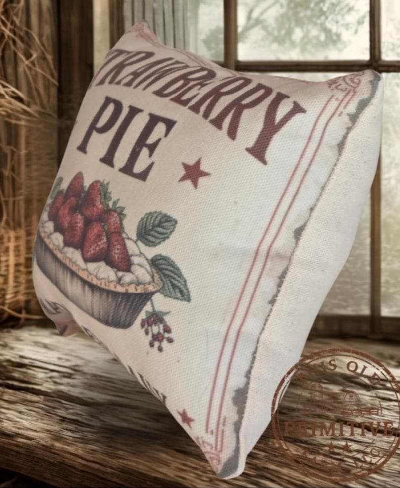 Primitive Strawberry Pie Pillow or Faux Pie | Americana Farmhouse Decor | Rustic Kitchen Decor | Baked Fresh Daily | Primitive Shelf Decor