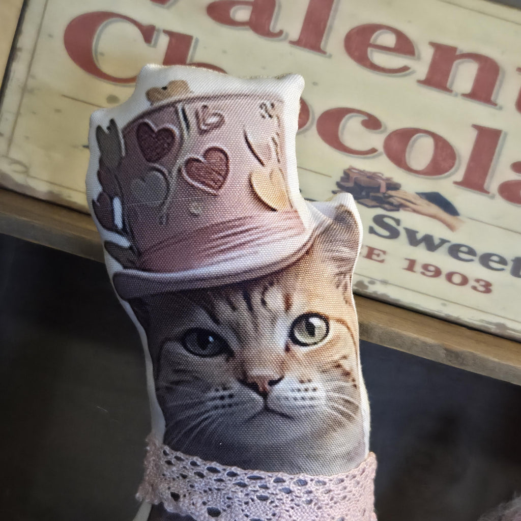 Valentine Cat Decor Shelf Sitter | Handmade Fabric Cat Statue | Primitive Farmhouse Valentine Decor