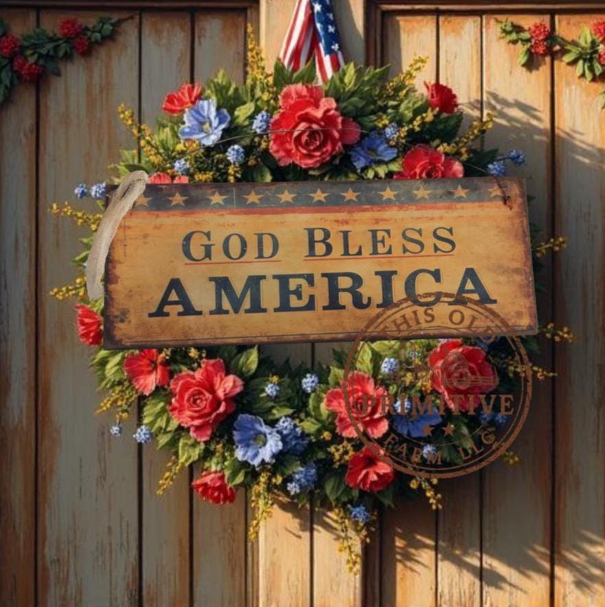 Primitive God Bless America Sign – Rustic Farmhouse Americana Decor – Folk Art Patriotic Sign