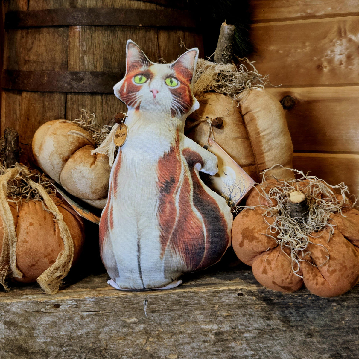 Handmade Primitive Cat Pillow: Rustic Farmhouse Decor with Meow Tag