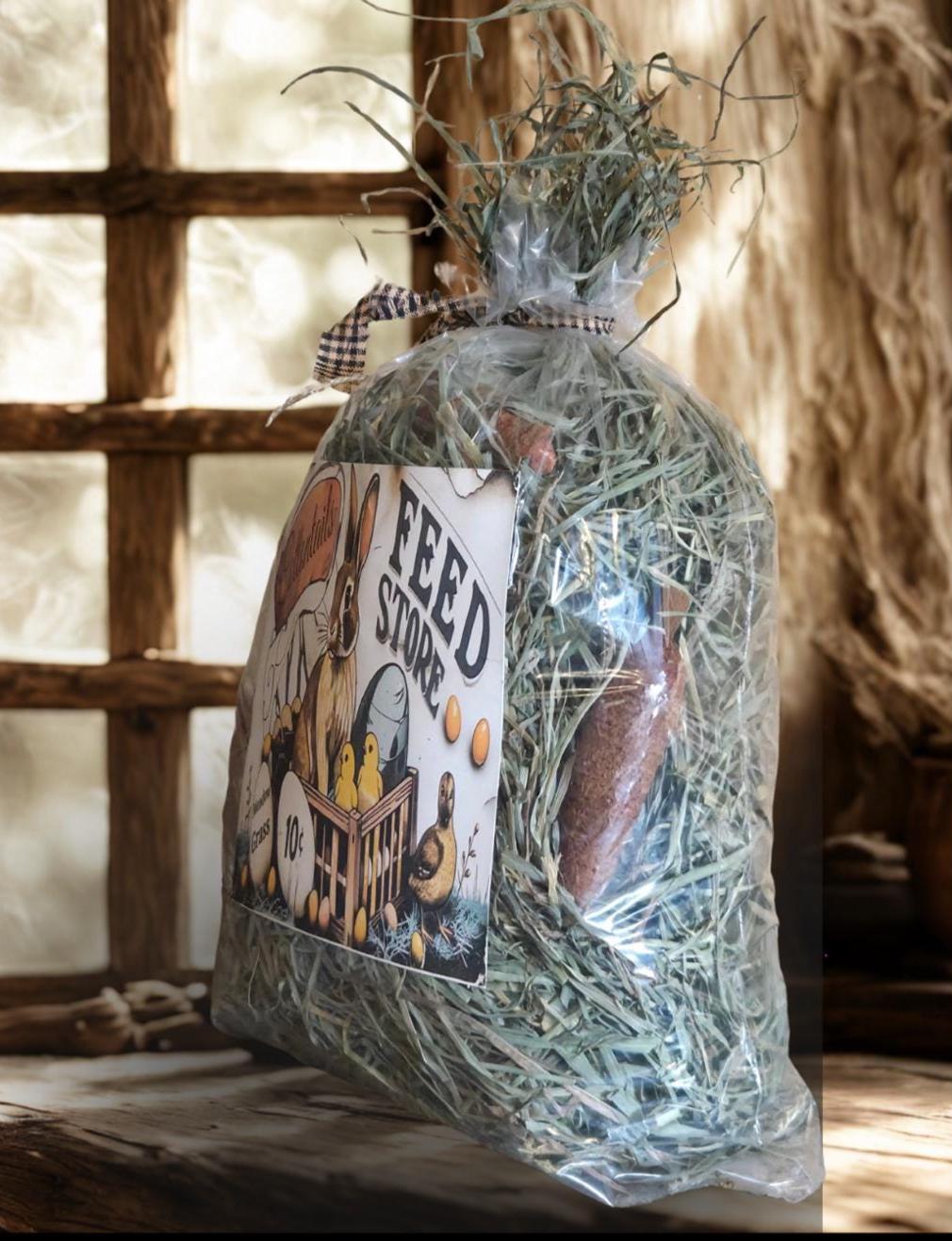 Primitive Cottontails Farm Feed Store Meadow Grass Sack – Basket Filler with Grunged Carrots