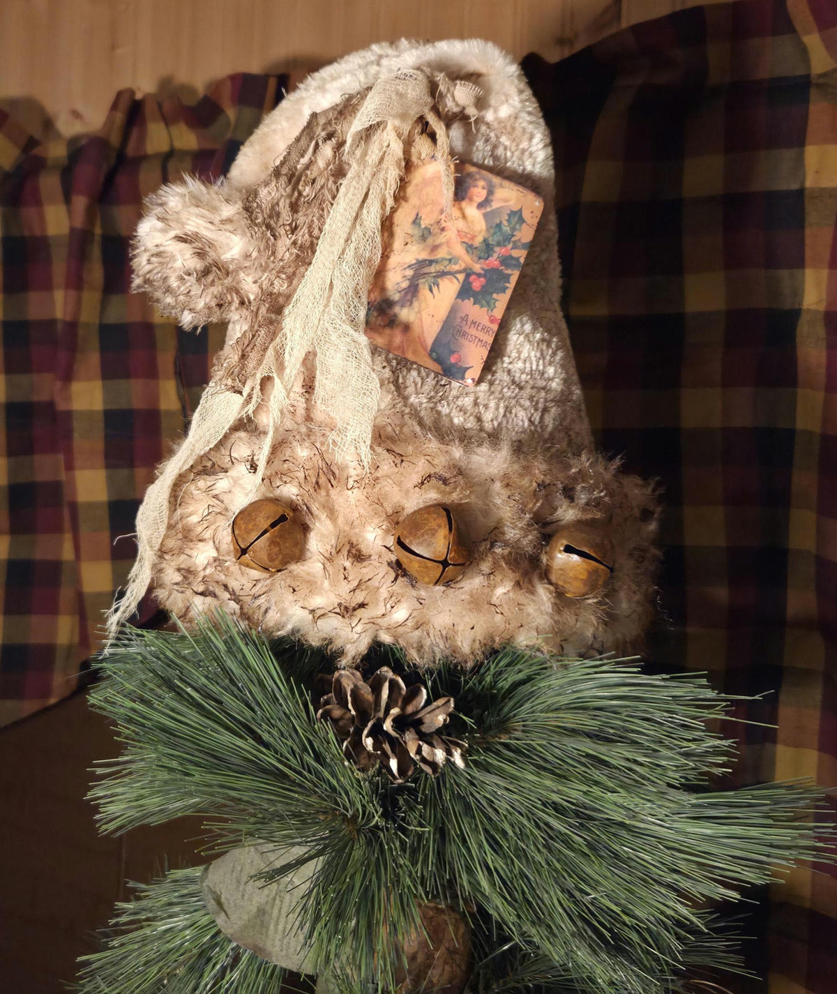 Premium Limited Edition Primitive Rustic Santa Hat Tree Topper | Handcrafted Cream Plush with Rusty Jingle Bells