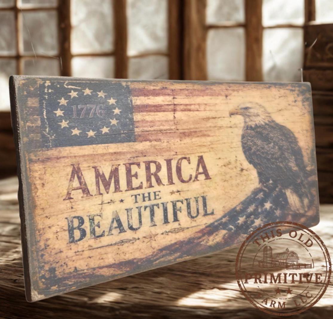Primitive America the Eagle Flag Sign – Rustic Farmhouse Americana Decor
