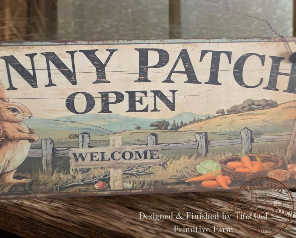 Primitive Bunny Patch Open Sign – Rustic Easter Welcome Decor, Folk Art