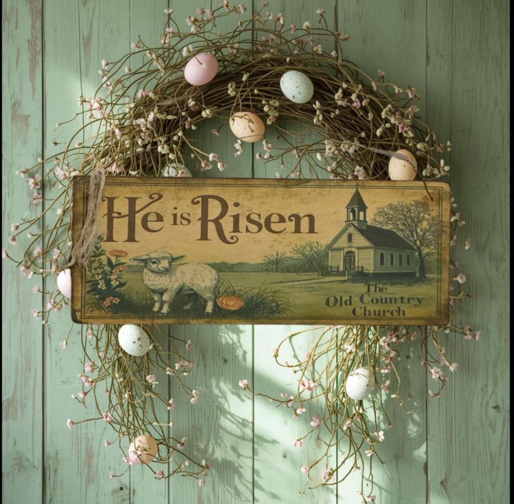 Primitive Easter Wood Sign – He Is Risen, Country Church, Lamb – Rustic Farmhouse Decor